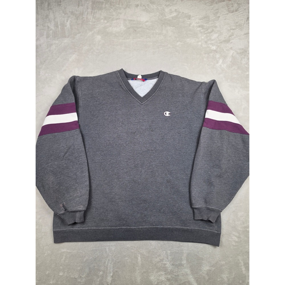Vintage Champion Sweatshirt Mens 2XL Gray V-Neck Striped Sleeve Pullover Stained